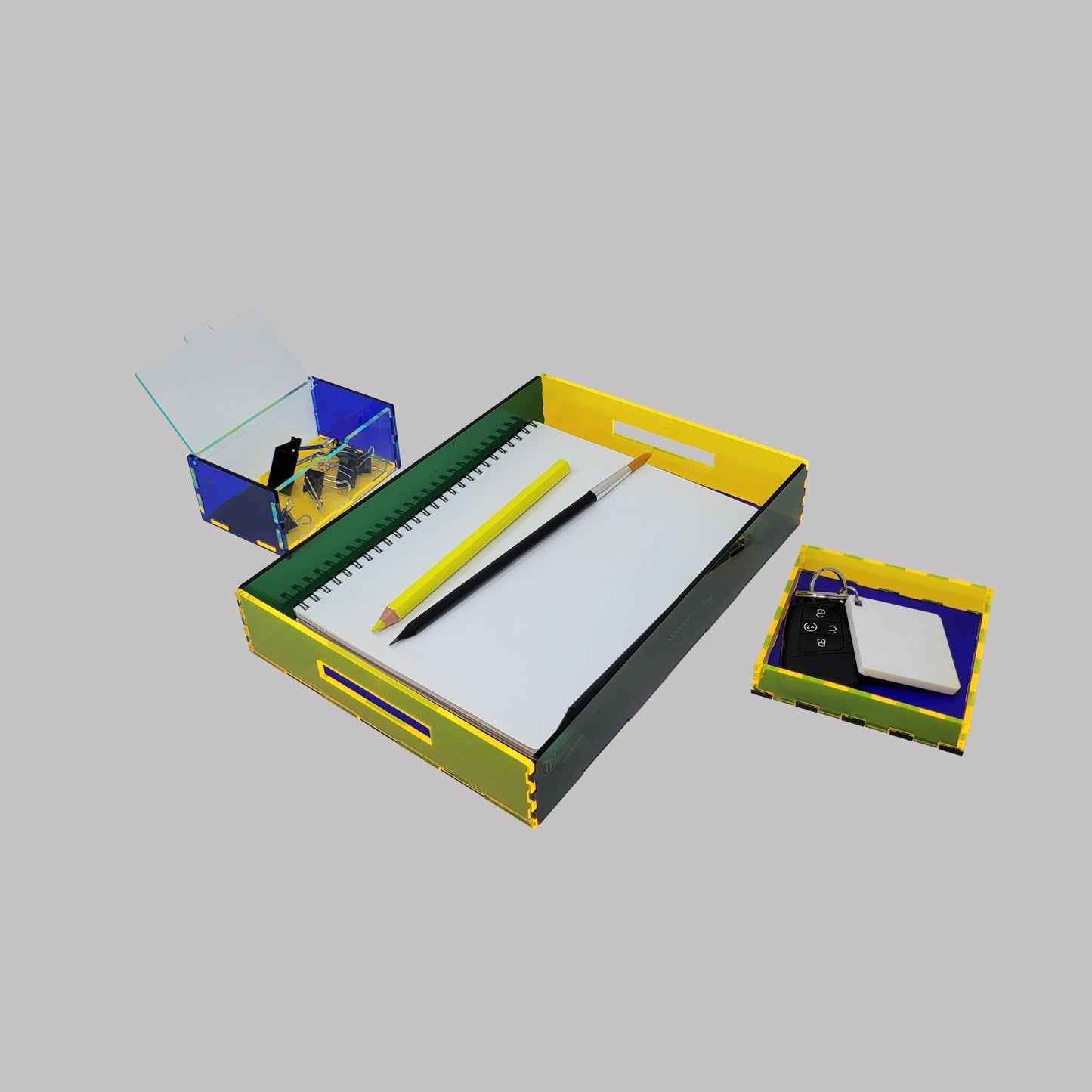Paperclip Desk Organizer Box Cobalt Blue / Neon Yellow / Green Glass Clear