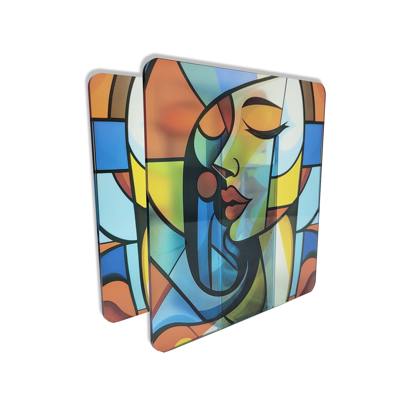 Cubist Muse: Vibrant Woman Face Acrylic Flower Vase
