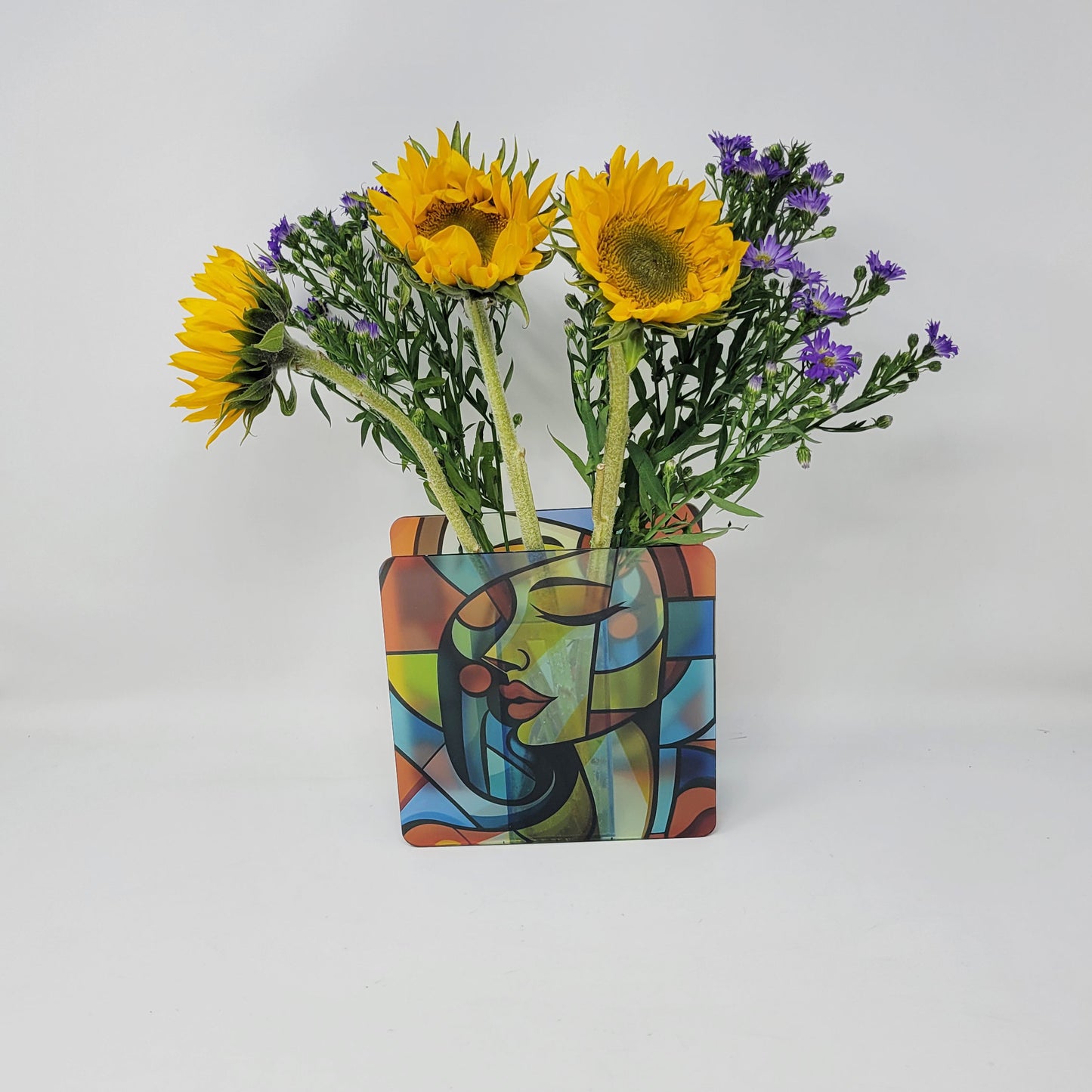 Cubist Muse: Vibrant Woman Face Acrylic Flower Vase