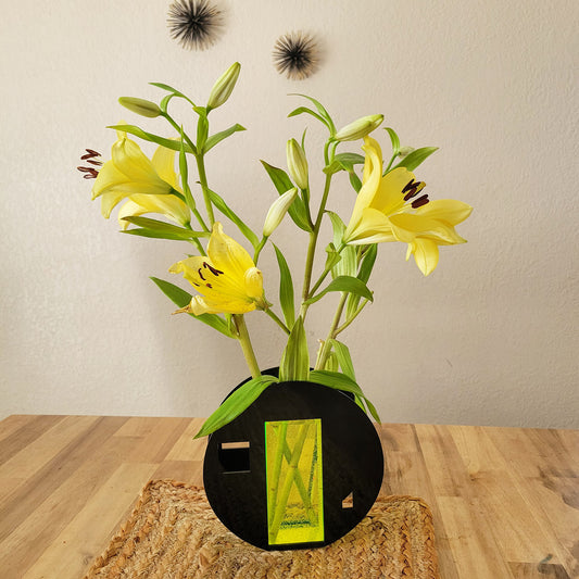 Neon Noir: Abstract Black Acrylic Vase with Green Center