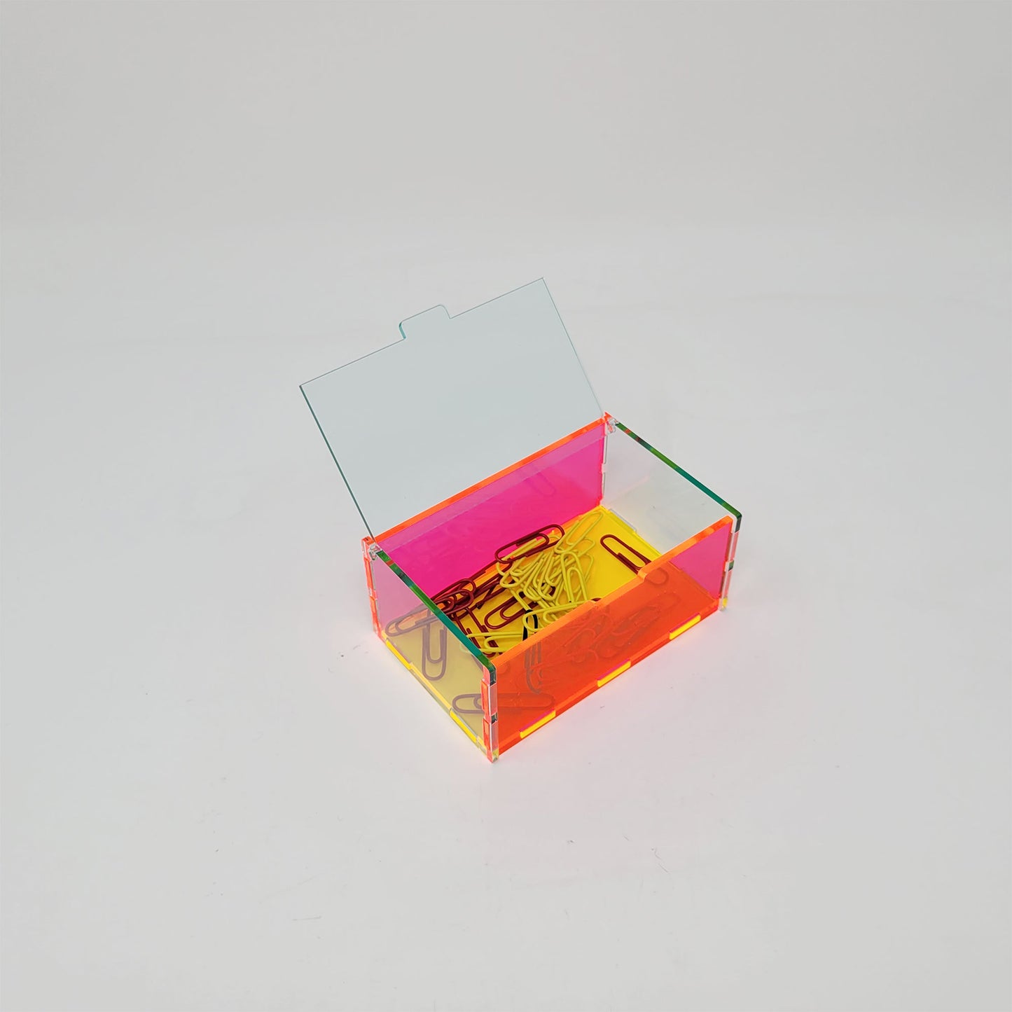 Paperclip Desk Organizer Box Neon Pink / Neon Yellow / Green Glass Clear