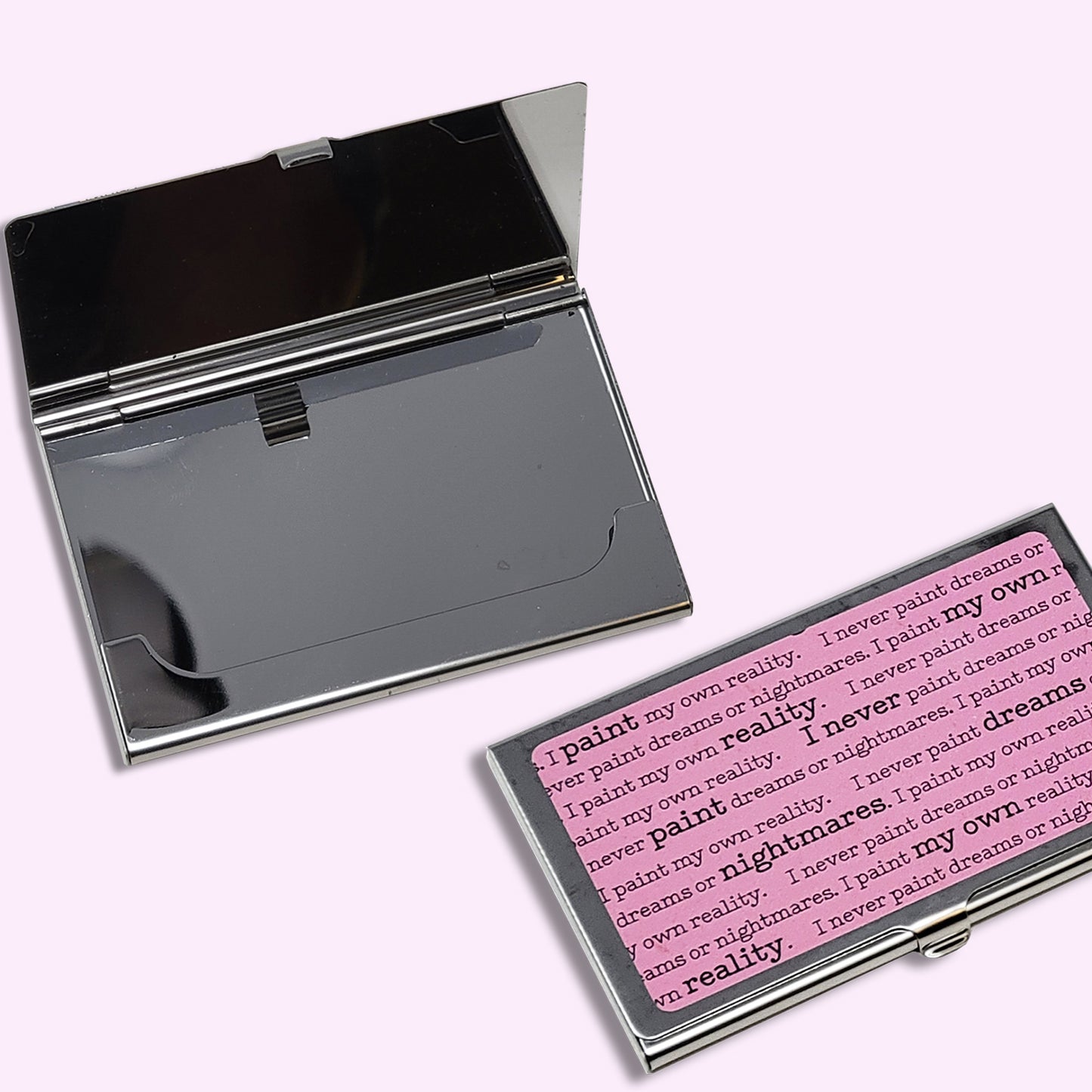 Metal Business Card Case | Frida Kahlo Quote "I never paint dreams or nightmares. I paint my own reality." illustration