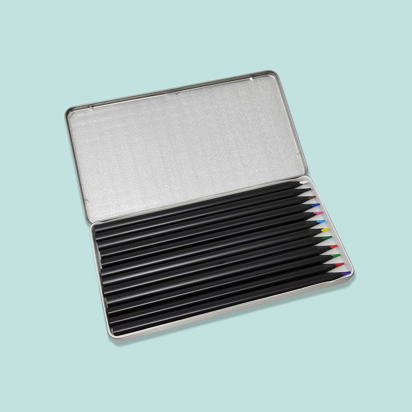 Silver Pencil Tin Box with "I saw the angel in the marble and carved until I set him free" illustration.