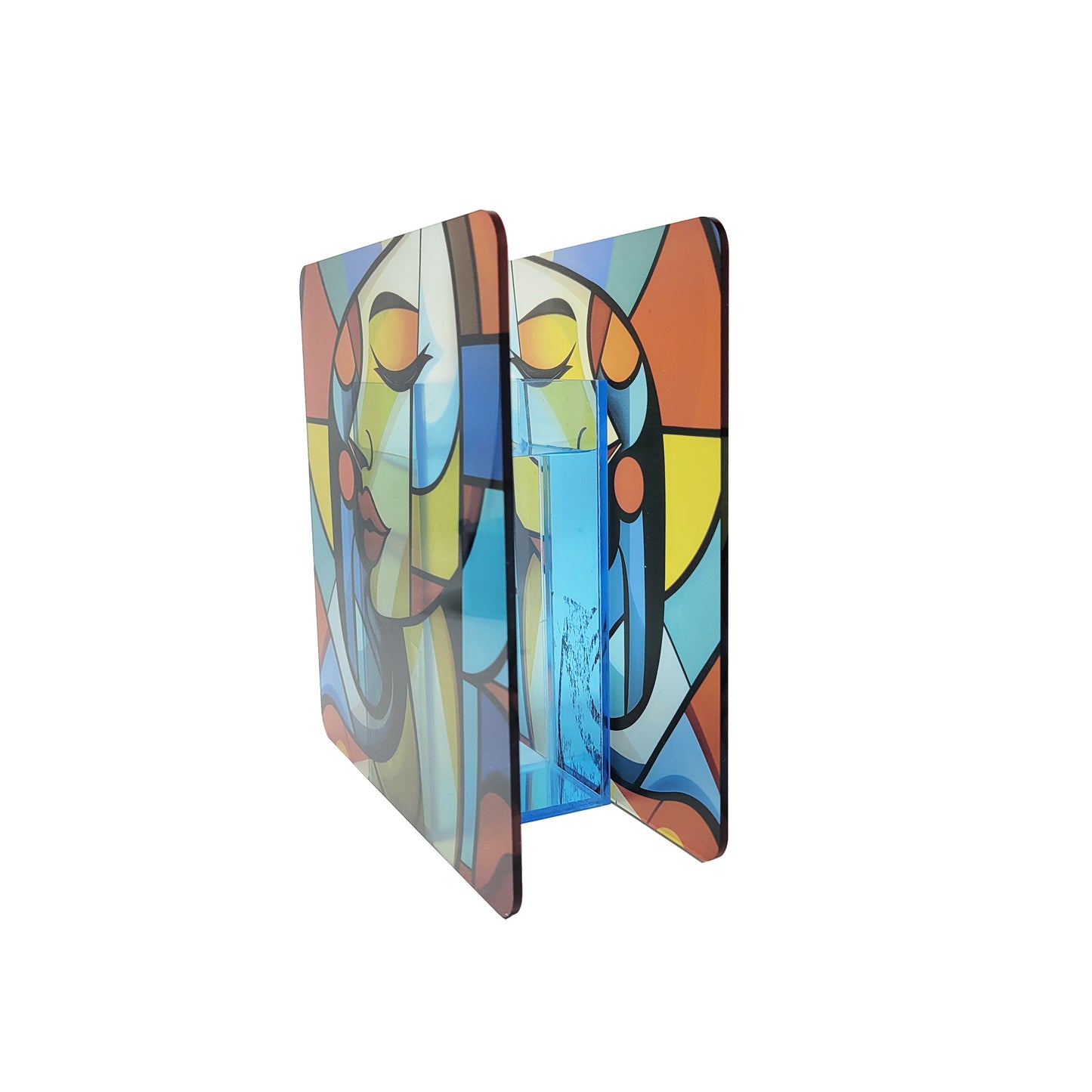 Cubist Muse: Vibrant Woman Face Acrylic Flower Vase