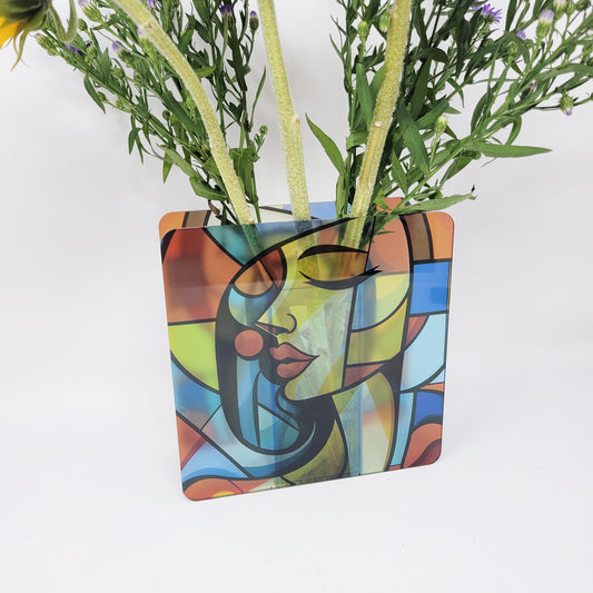 Cubist Muse: Vibrant Woman Face Acrylic Flower Vase