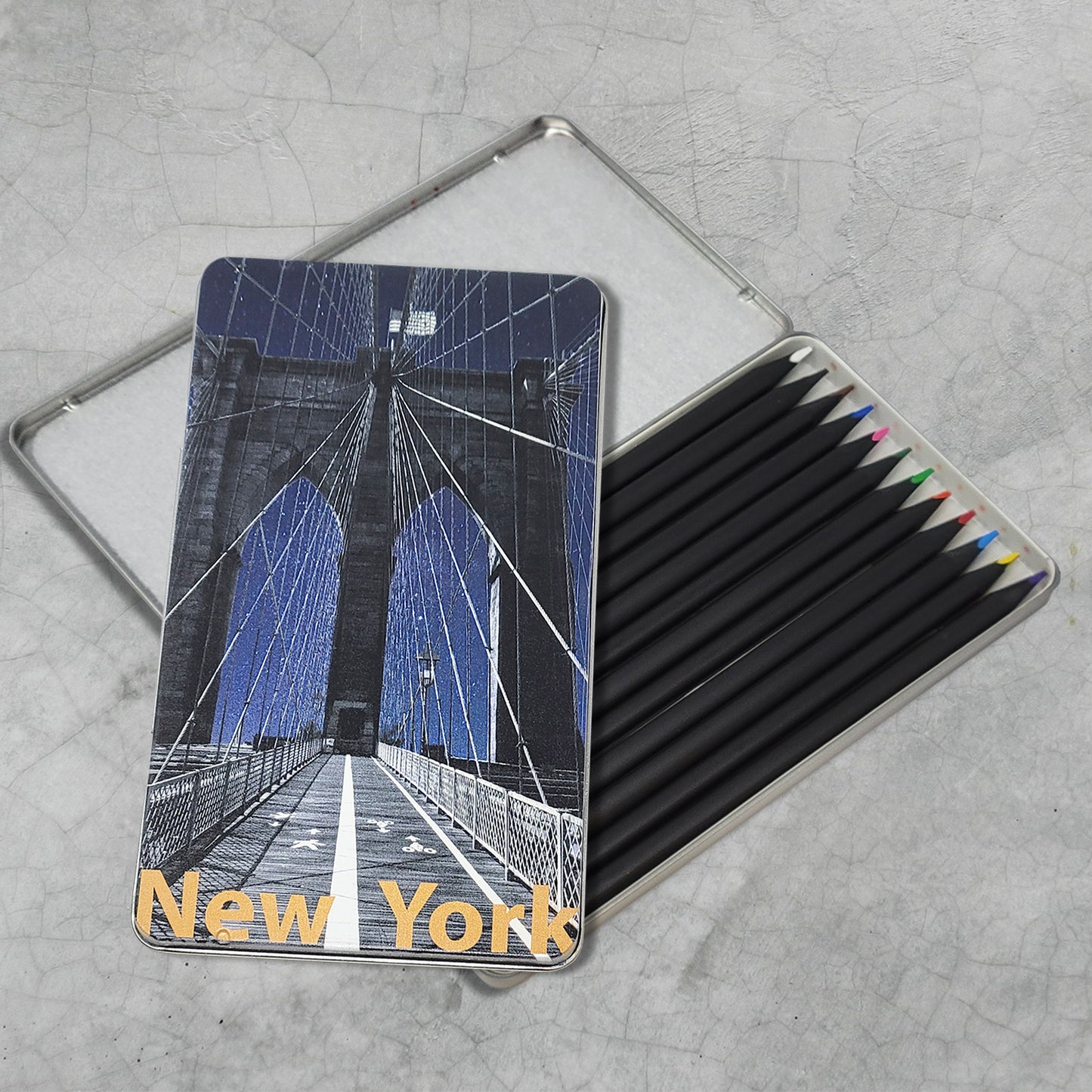 Brooklyn Bridge Silver Tin Box | 12 colored pencils for coloring