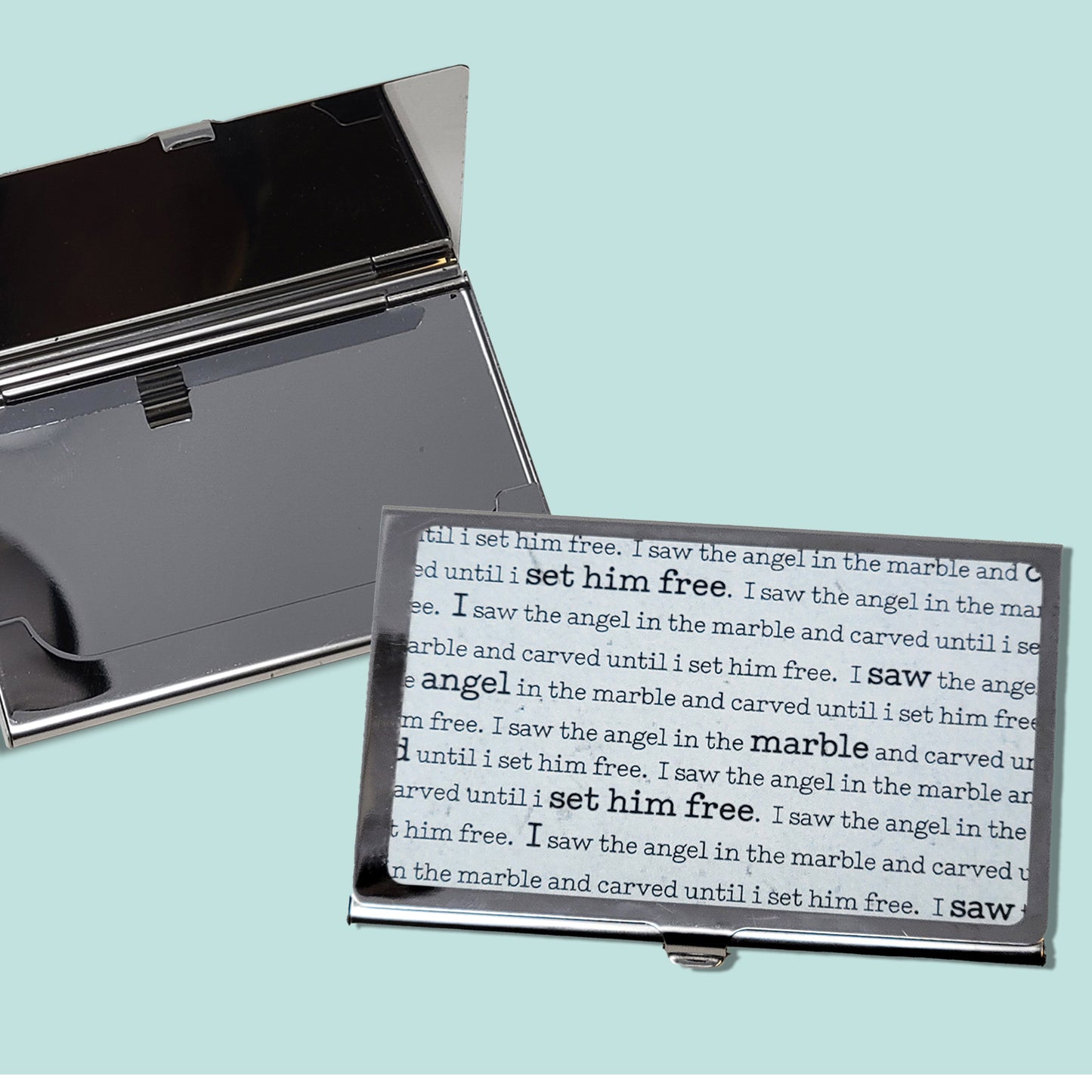 Metal Business Card Case | Michelangelo Quote “I saw the angel in the marble and carved until I set him free.” illustration